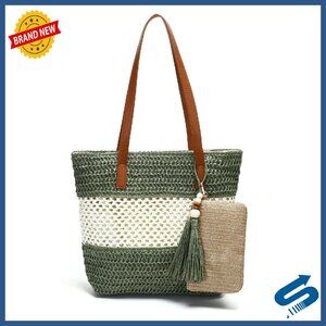 Large Woven Straw Beach Tote Bag with Zipper Closure & Lining